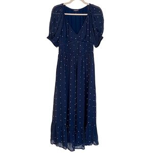 Vineyard Vines Chiffon Puff Sleeve Midi Dress Dark Navy White Polka Dot Small